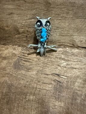 Vintage Silver Tone Owl Brooch with Turquoise Accents
